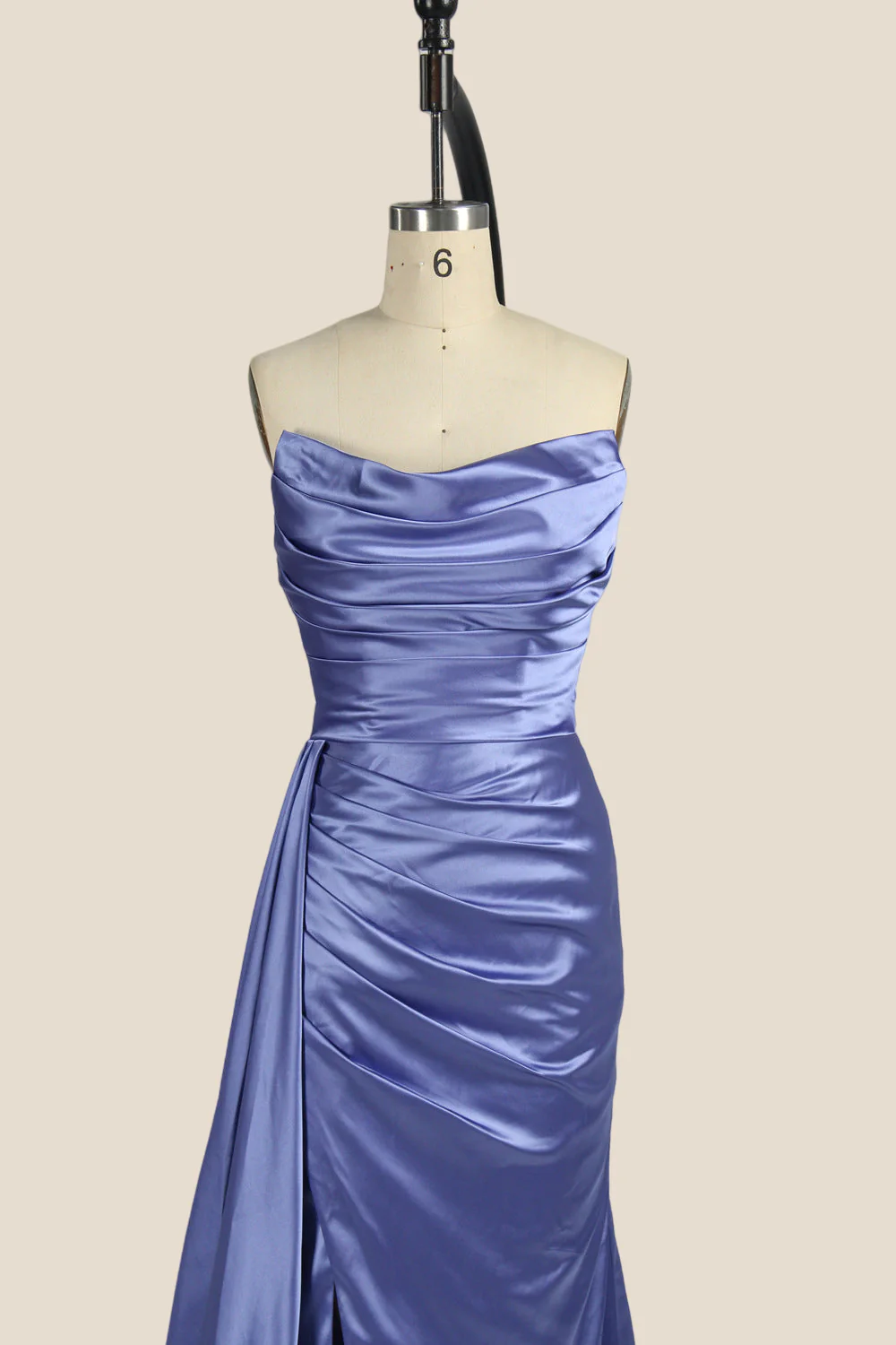 Smoky Blue Ruched Long Dress with Slit - Image 4