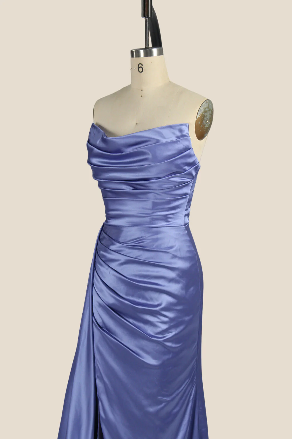 Smoky Blue Ruched Long Dress with Slit - Image 6