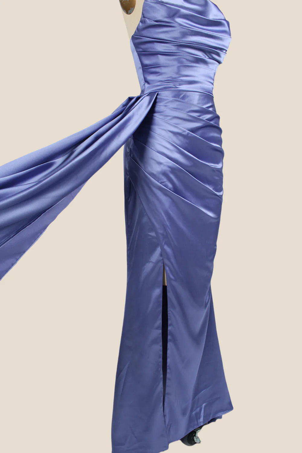 Smoky Blue Ruched Long Dress with Slit - Image 7