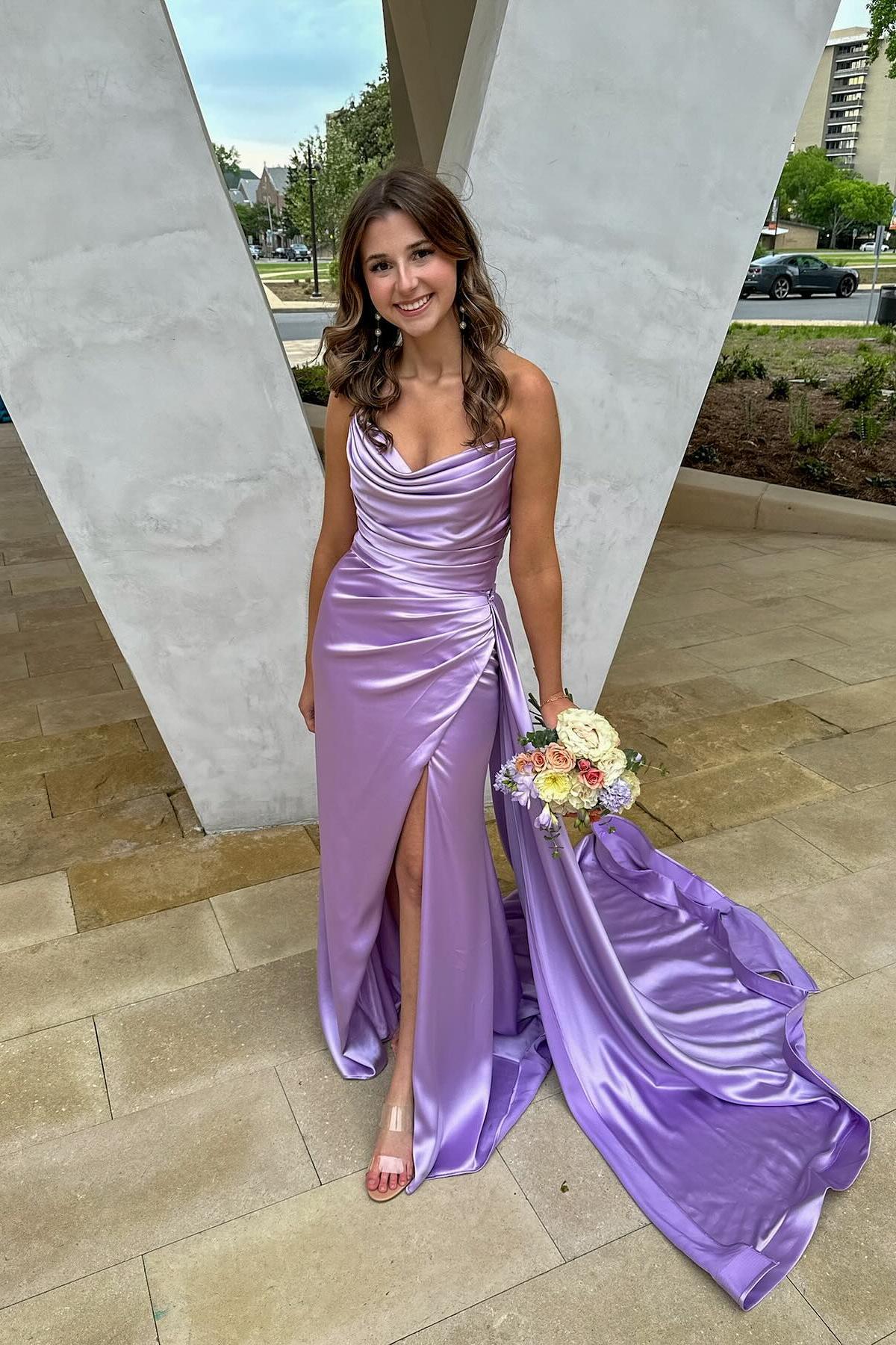 Smoky Blue Ruched Long Dress with Slit - Image 8