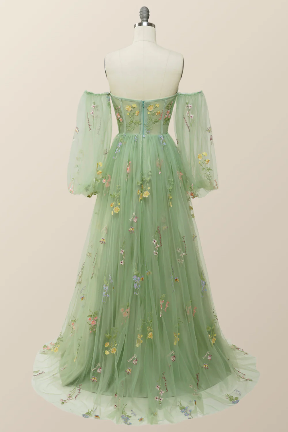 Soft Green Floral Embroidery Formal Dress - Image 3