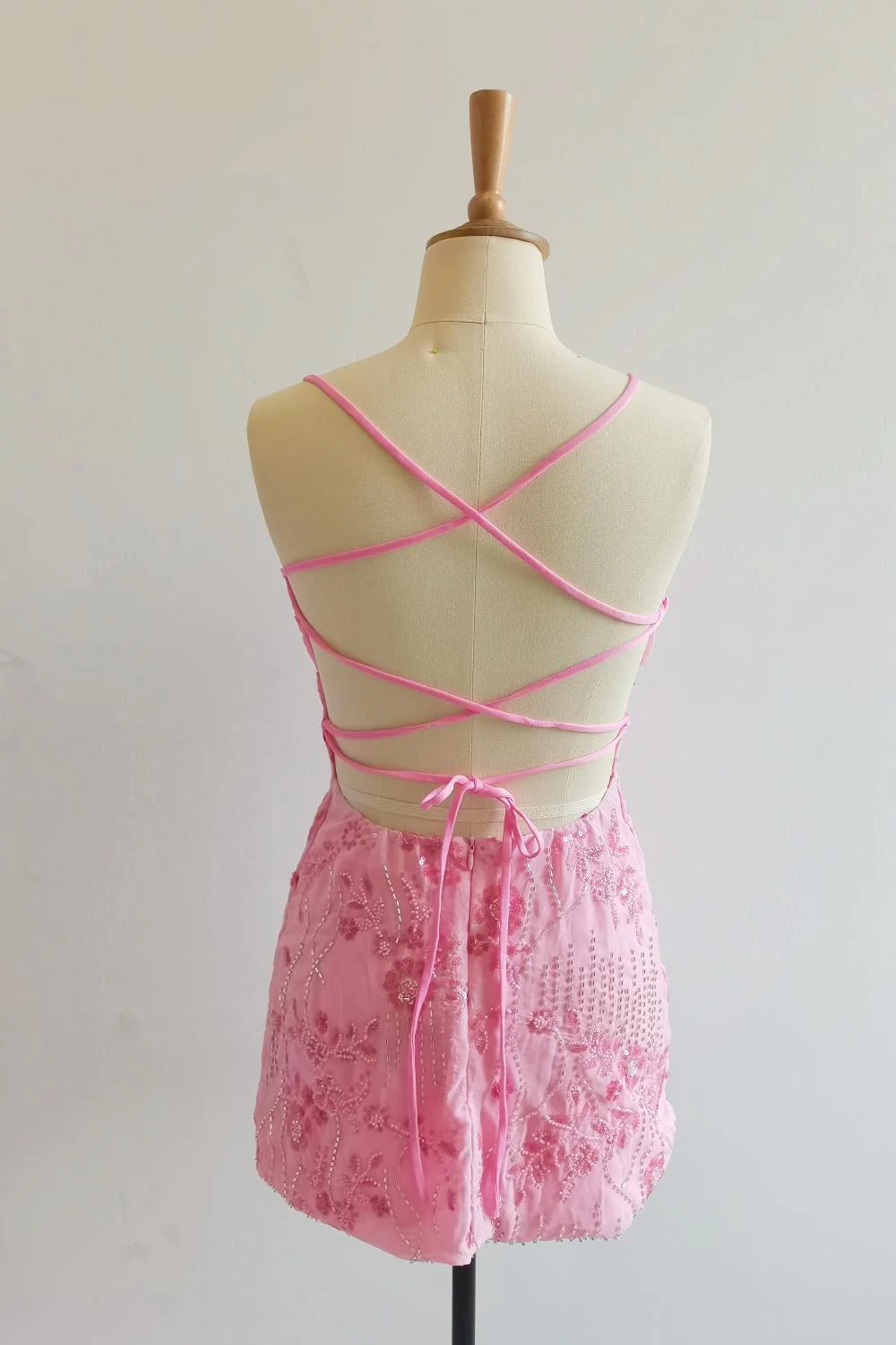 Spaghetti Straps Beaded Fuchsia Mini Dress - Image 11