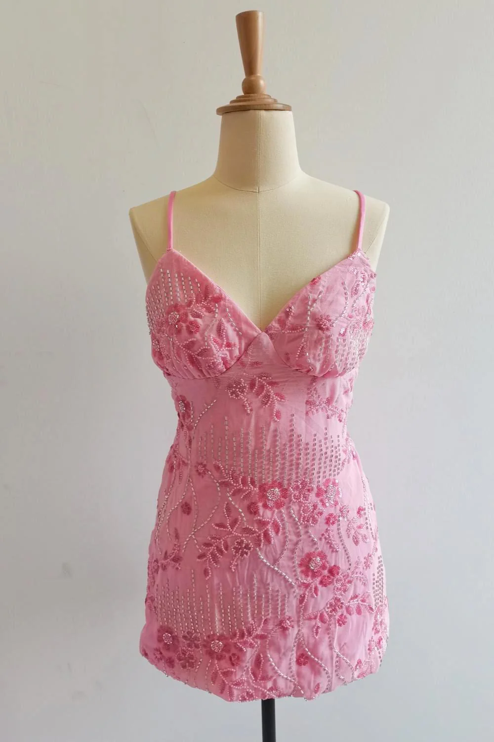 Spaghetti Straps Beaded Fuchsia Mini Dress - Image 6