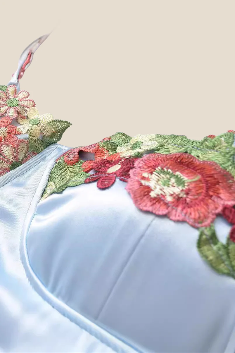 Spaghetti Straps Blue 3D Floral Mini Dress - Image 3