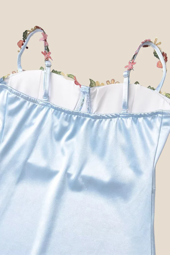 Spaghetti Straps Blue 3D Floral Mini Dress - Image 5