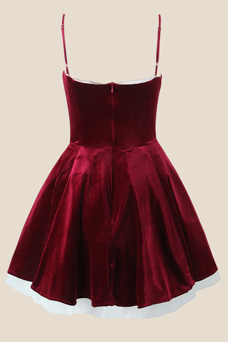 Spaghetti Straps Burgundy Velvet Mini Dress - Image 2