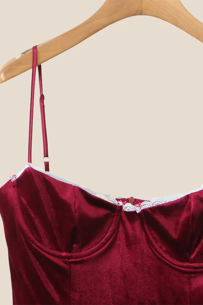 Spaghetti Straps Burgundy Velvet Mini Dress - Image 3