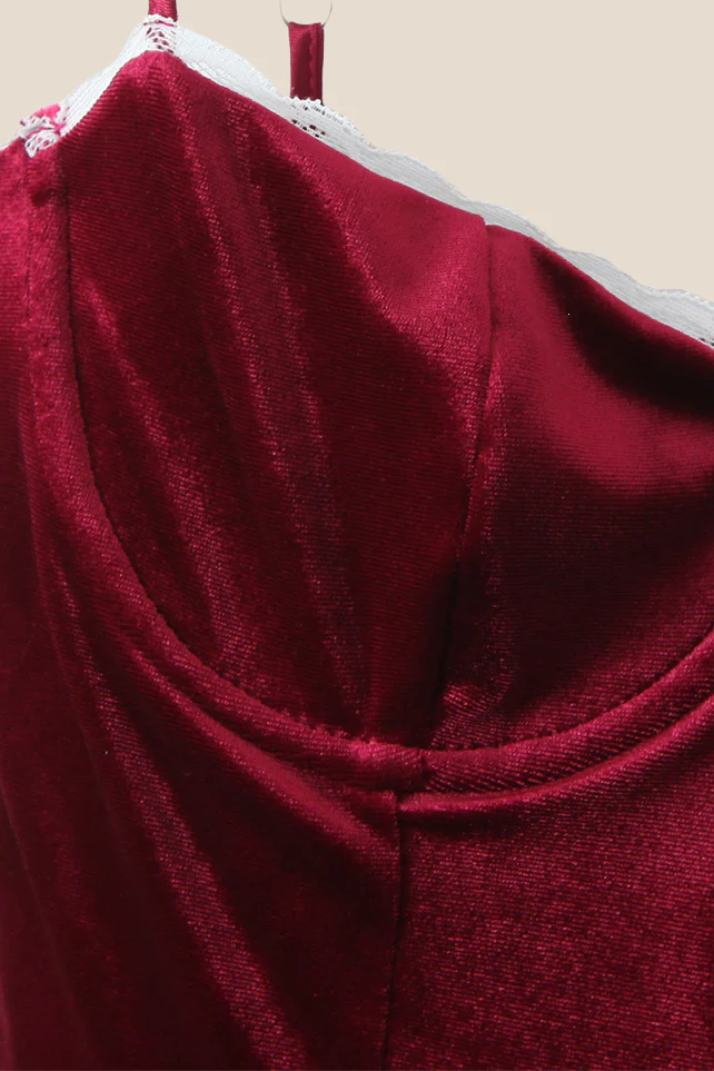 Spaghetti Straps Burgundy Velvet Mini Dress - Image 4