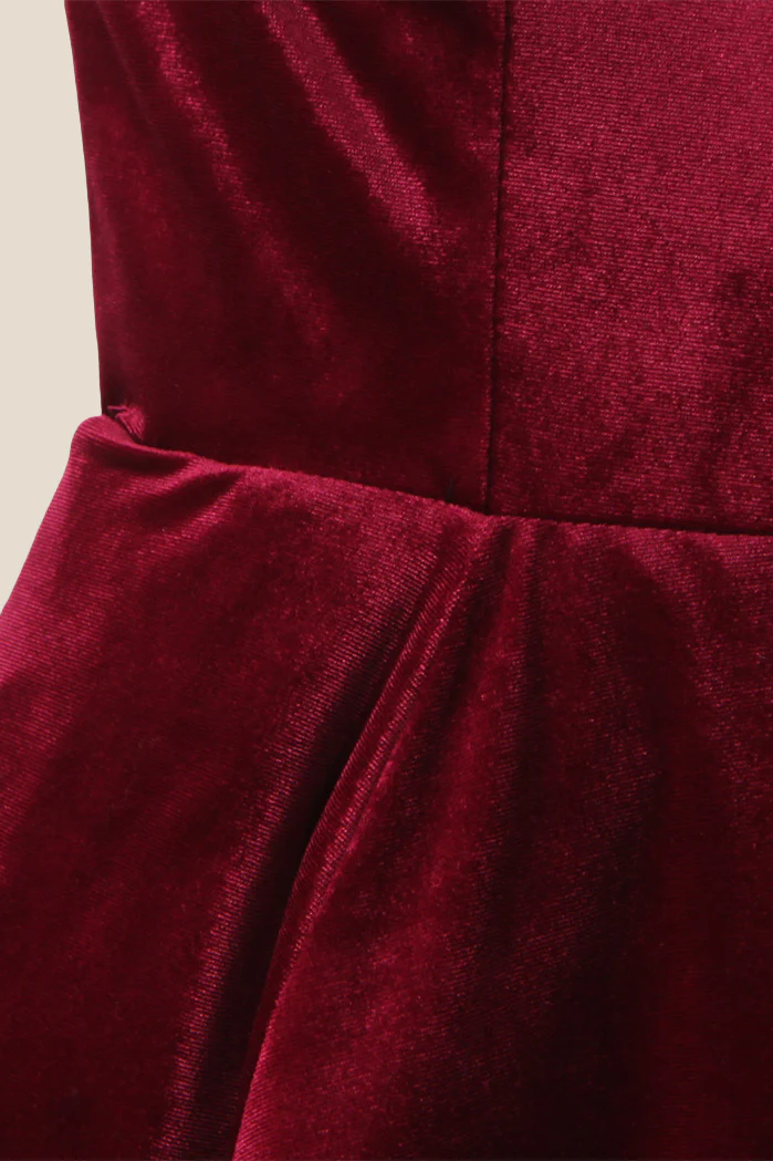 Spaghetti Straps Burgundy Velvet Mini Dress - Image 5