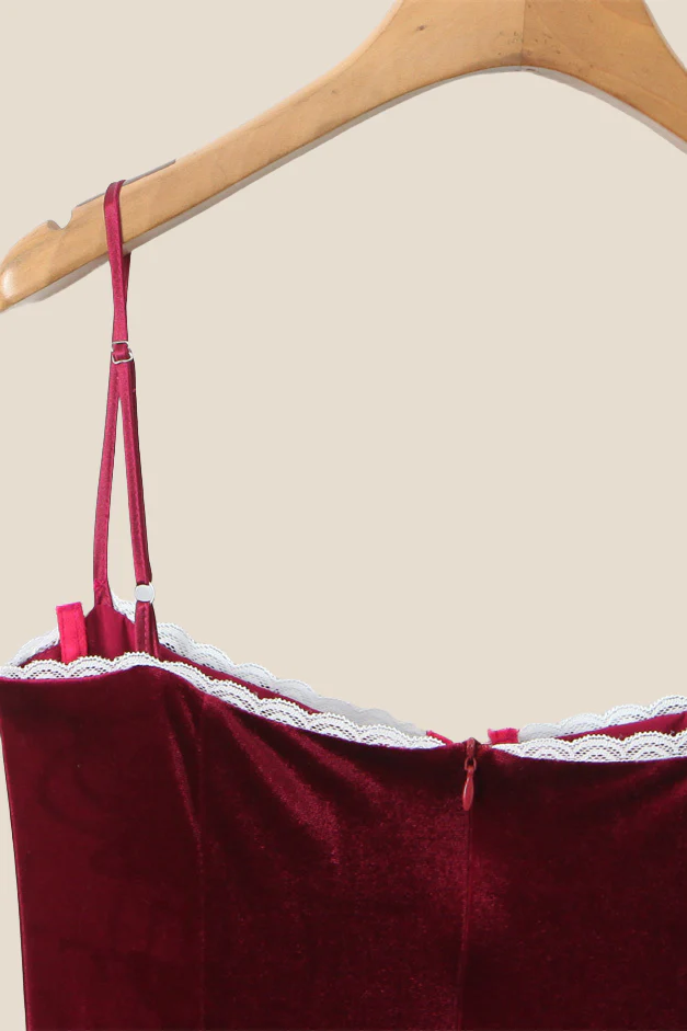 Spaghetti Straps Burgundy Velvet Mini Dress - Image 9