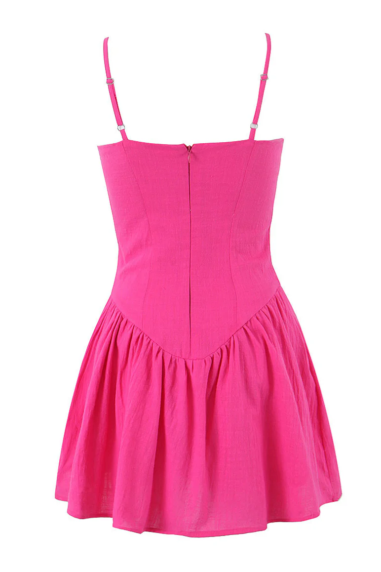 Spaghetti Straps Hot Pink Ruched Short Dress - Image 2