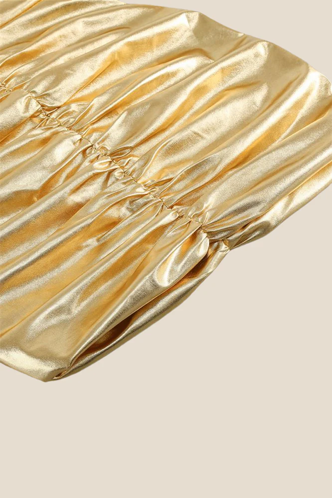 Spaghetti Straps Golden Ruched Tight Short Dress - Image 10