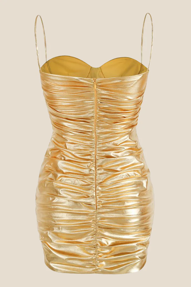 Spaghetti Straps Golden Ruched Tight Short Dress - Image 2