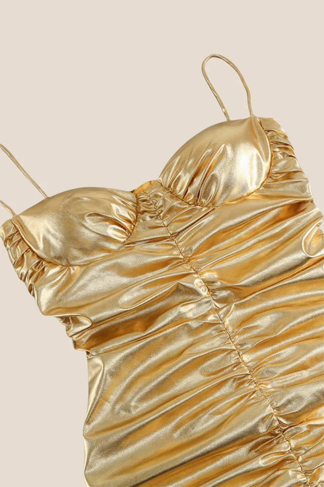 Spaghetti Straps Golden Ruched Tight Short Dress - Image 3
