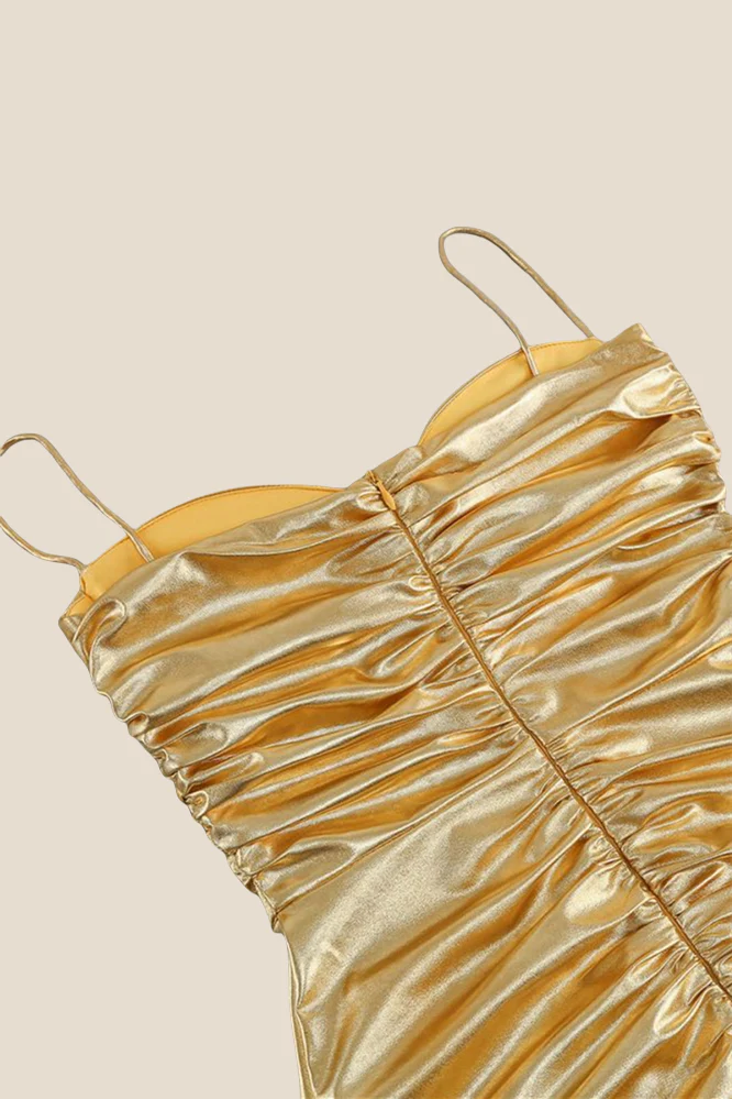 Spaghetti Straps Golden Ruched Tight Short Dress - Image 4