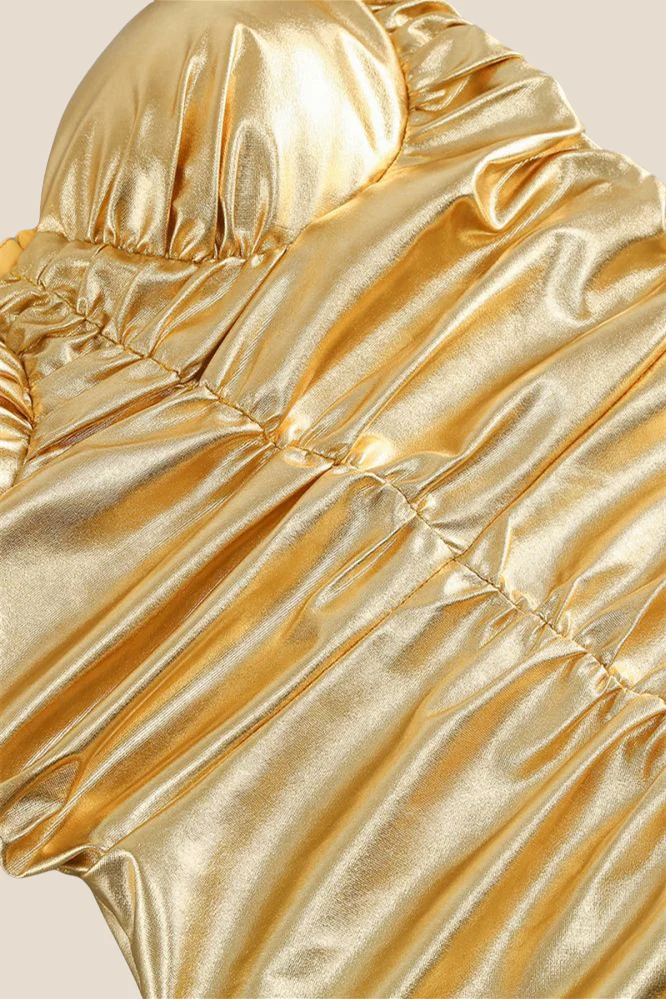 Spaghetti Straps Golden Ruched Tight Short Dress - Image 5
