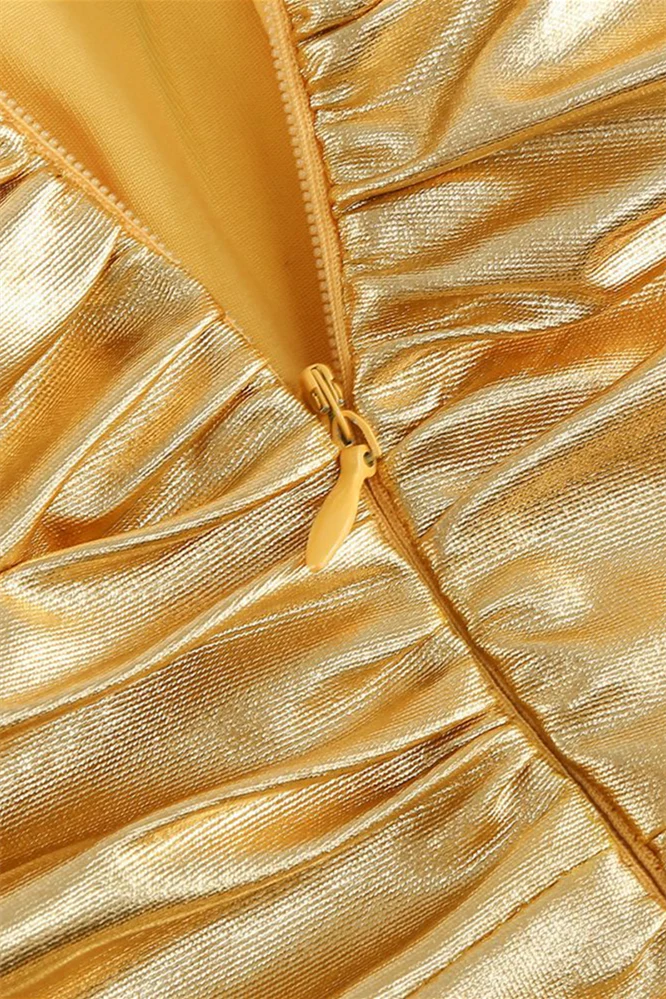 Spaghetti Straps Golden Ruched Tight Short Dress - Image 7