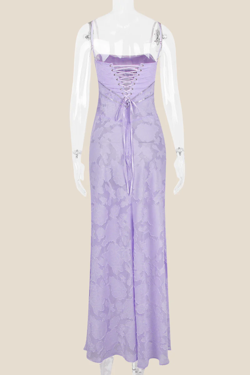 Spaghetti Straps Lavender Lace A-line Long Dress - Image 7