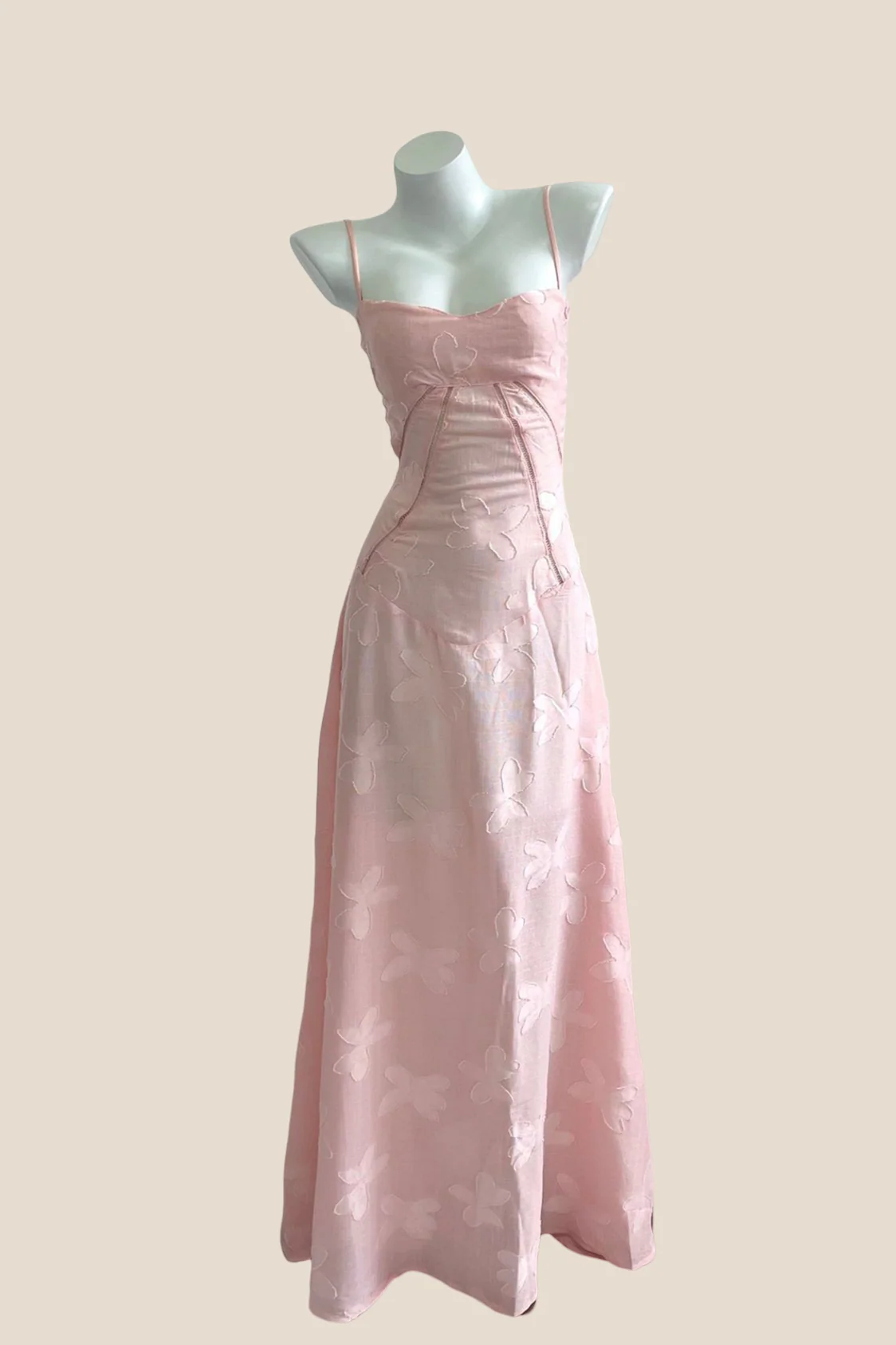 Spaghetti Straps Pink Embroidery Long Dress - Image 5