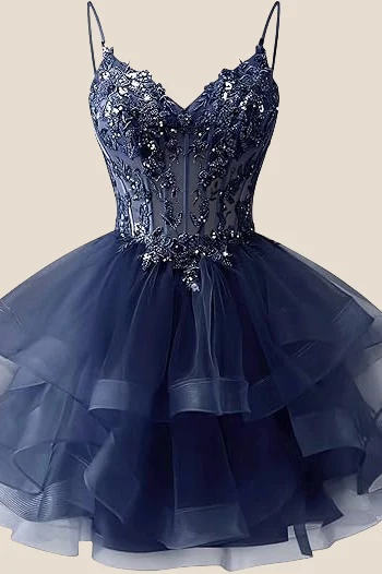 Spaghetti Straps Lilac Appliques Tiered Short Dress - Image 4