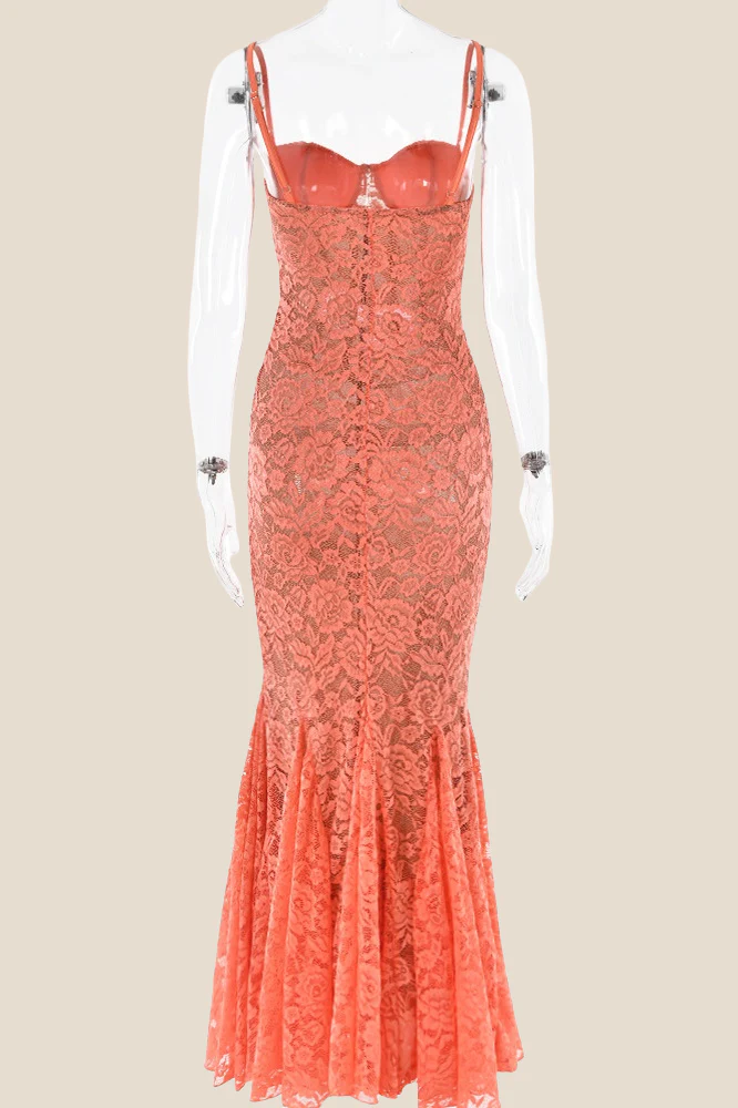Spaghetti Straps Orange Lace Mermaid Long Dress - Image 2
