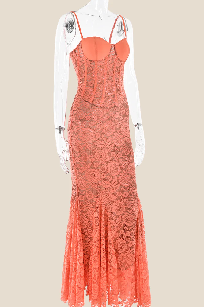 Spaghetti Straps Orange Lace Mermaid Long Dress - Image 3
