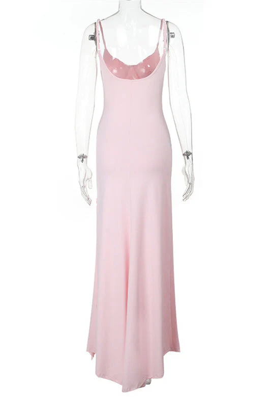 Spaghetti Straps Pink Frill Slit Dress - Image 2