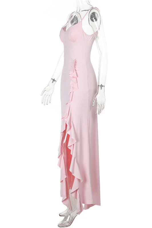 Spaghetti Straps Pink Frill Slit Dress - Image 3