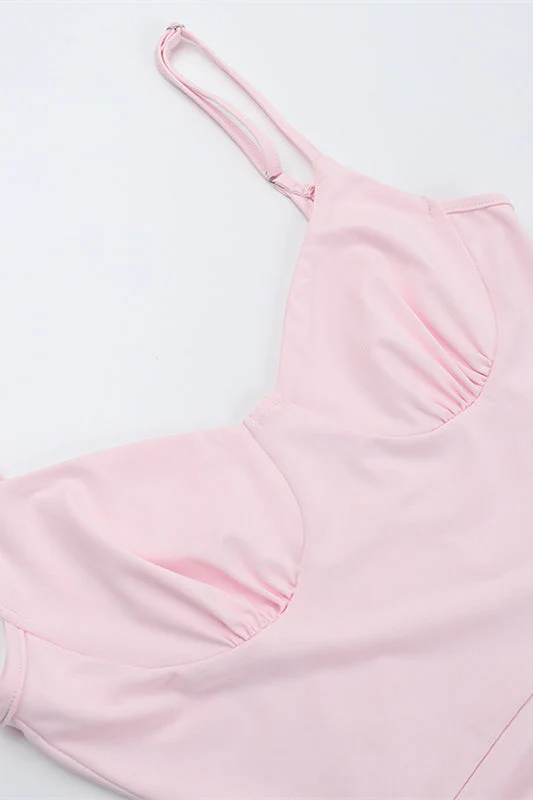 Spaghetti Straps Pink Frill Slit Dress - Image 4