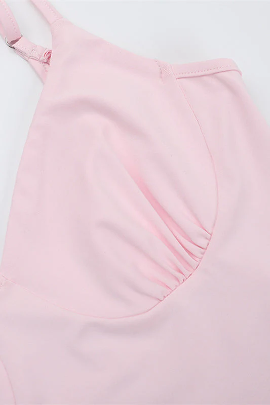 Spaghetti Straps Pink Frill Slit Dress - Image 5