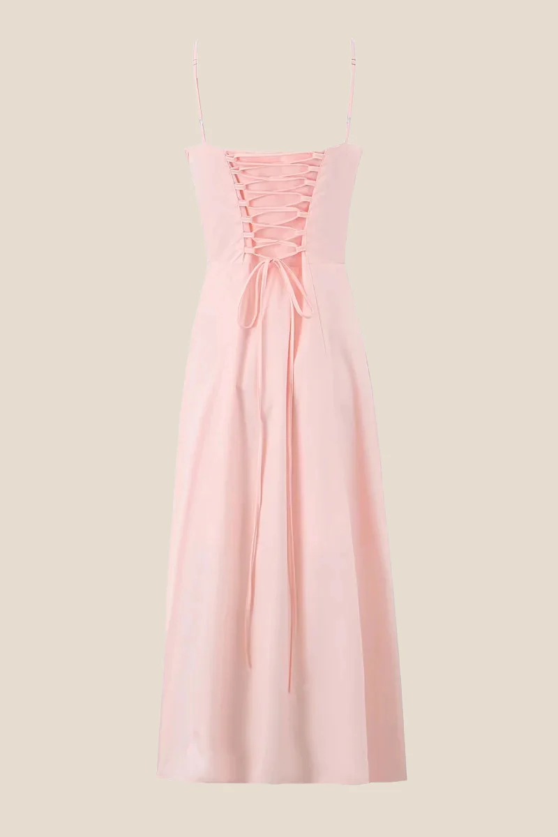 Spaghetti Straps Pink Tie Front Midi Dress - Image 2