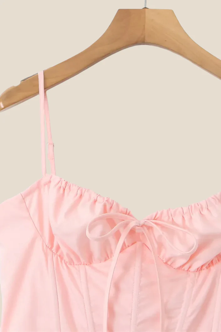 Spaghetti Straps Pink Tie Front Midi Dress - Image 3
