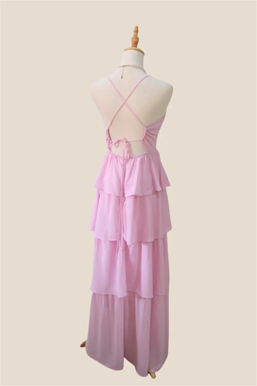 Spaghetti Straps Pink Tiered Chiffon Long Dress - Image 2