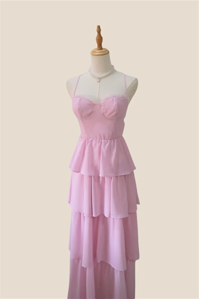 Spaghetti Straps Pink Tiered Chiffon Long Dress - Image 3