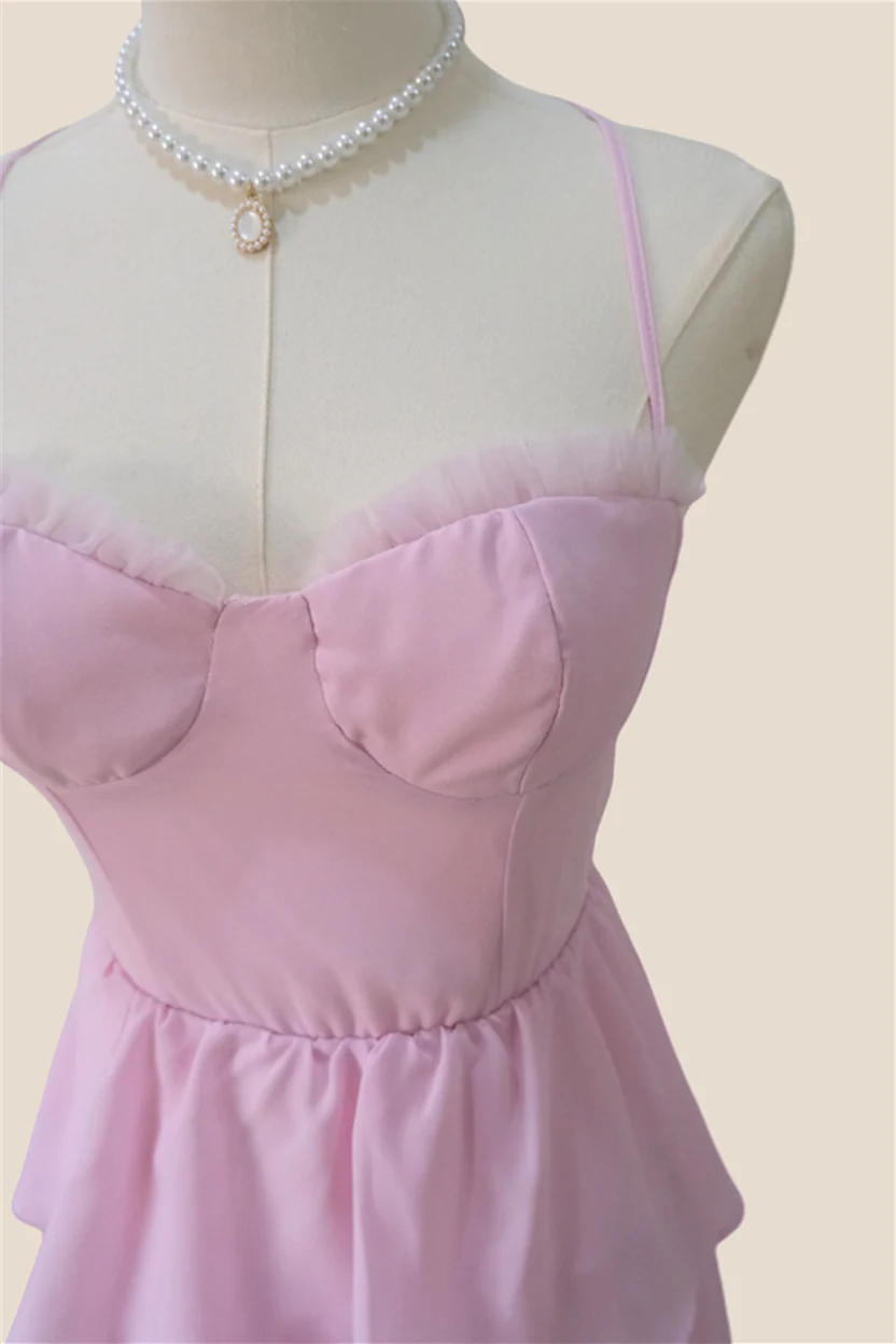 Spaghetti Straps Pink Tiered Chiffon Long Dress - Image 4