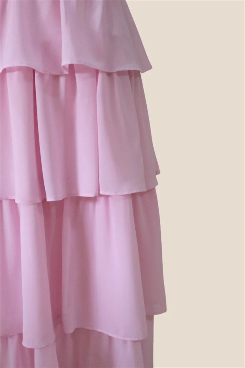 Spaghetti Straps Pink Tiered Chiffon Long Dress - Image 5