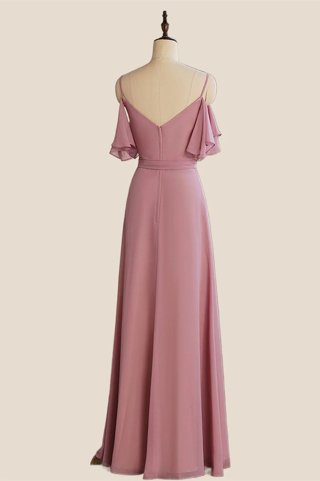 Spaghetti Straps Rose Pink Pleated Chiffon Bridesmaid Dress with Slit - Image 2
