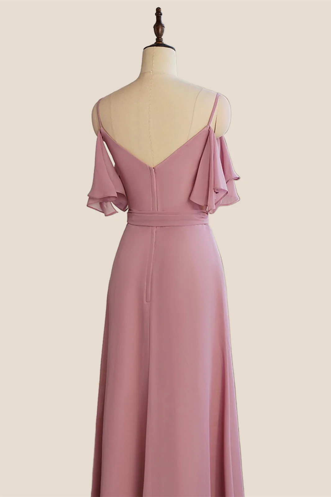 Spaghetti Straps Rose Pink Pleated Chiffon Bridesmaid Dress with Slit - Image 3