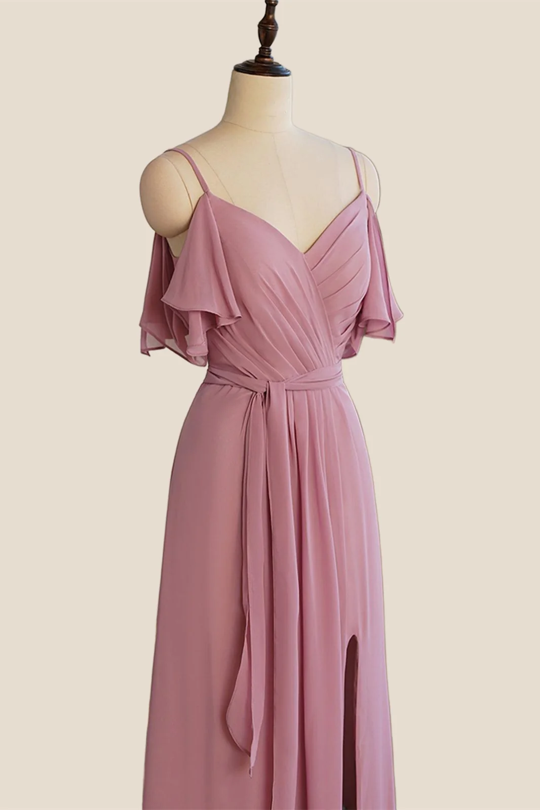Spaghetti Straps Rose Pink Pleated Chiffon Bridesmaid Dress with Slit - Image 4