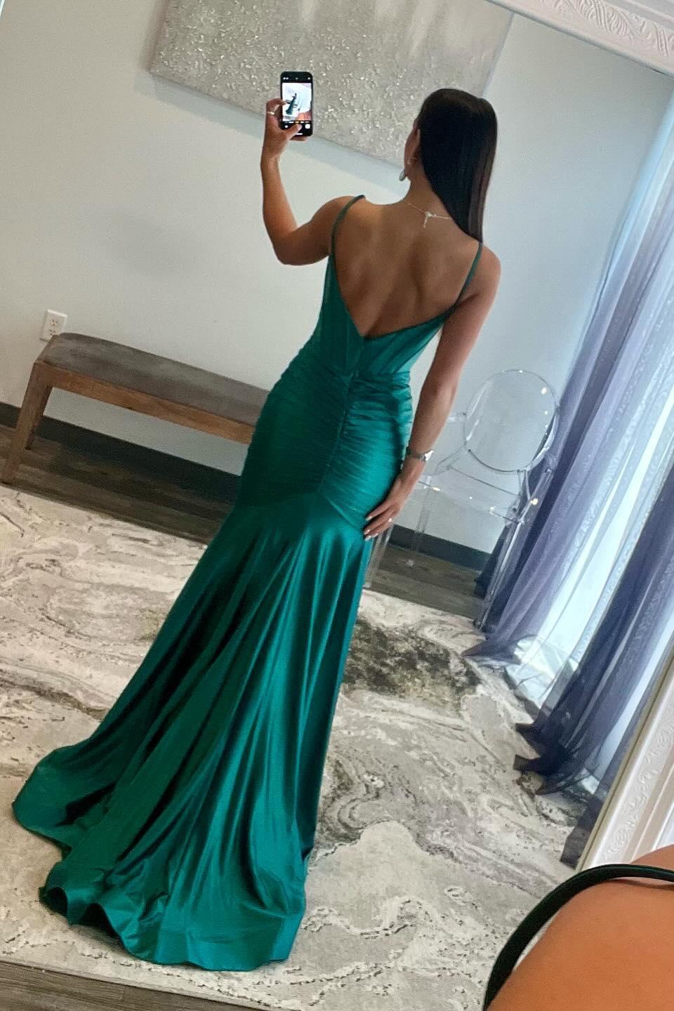 Spaghetti Straps Green Satin Mermaid Prom Dress - Image 4