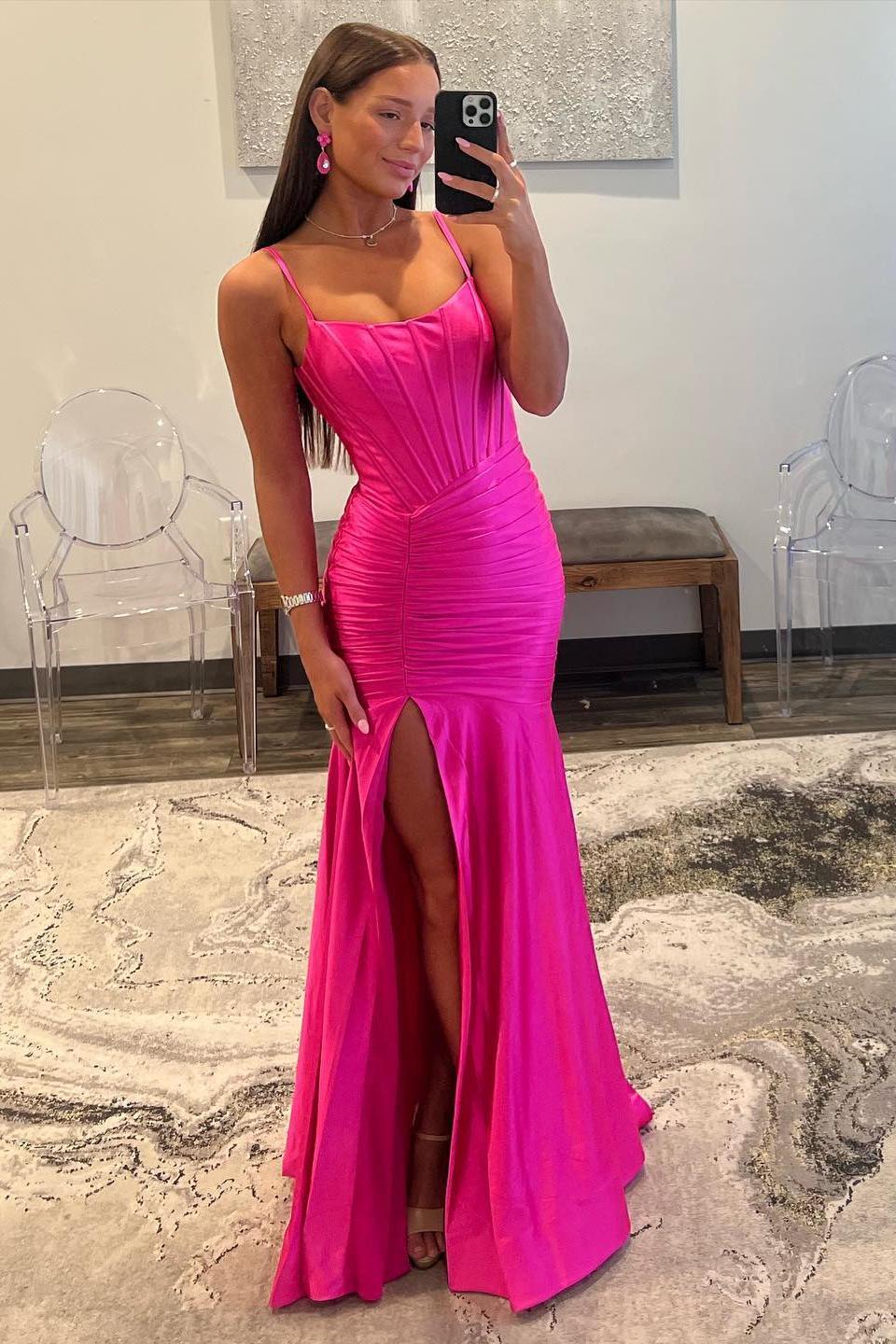 Spaghetti Straps Green Satin Mermaid Prom Dress - Image 5