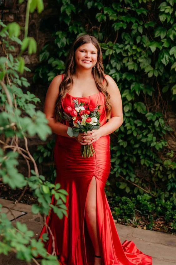 Spaghetti Straps Green Satin Mermaid Prom Dress - Image 8