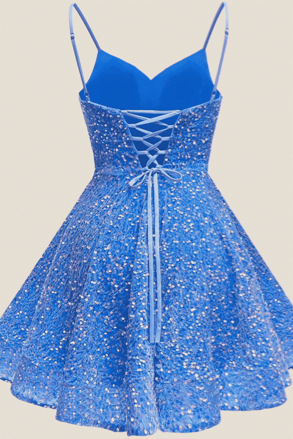 Spaghetti Straps Royal Blue Sequin Short Dress - Image 3