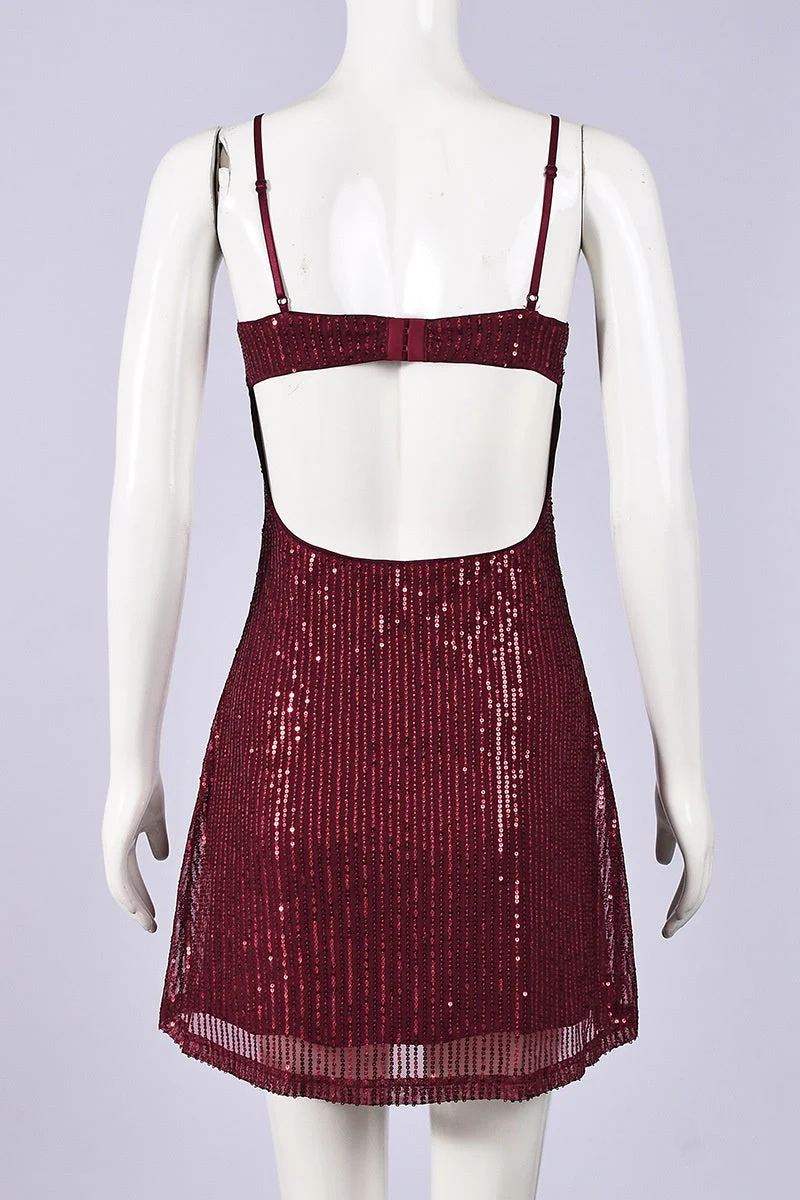 Straps Burgundy Sequin A-line Short Dress - Image 2