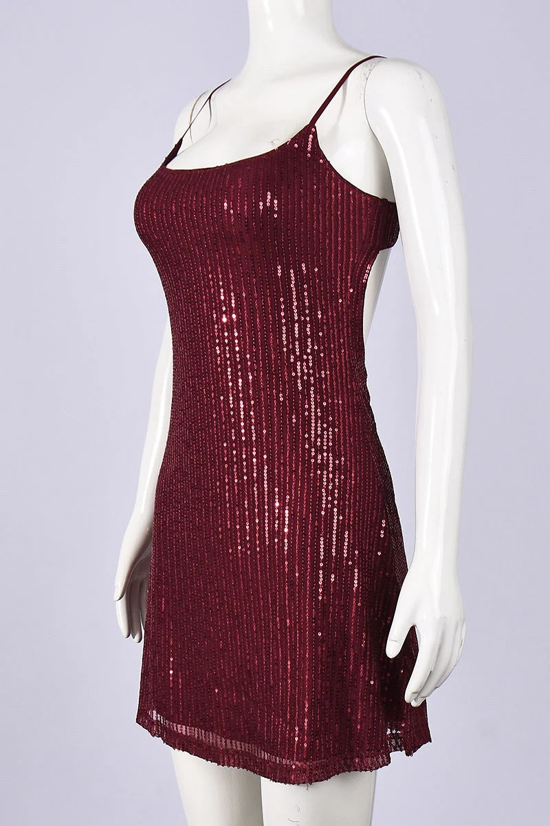 Straps Burgundy Sequin A-line Short Dress - Image 3