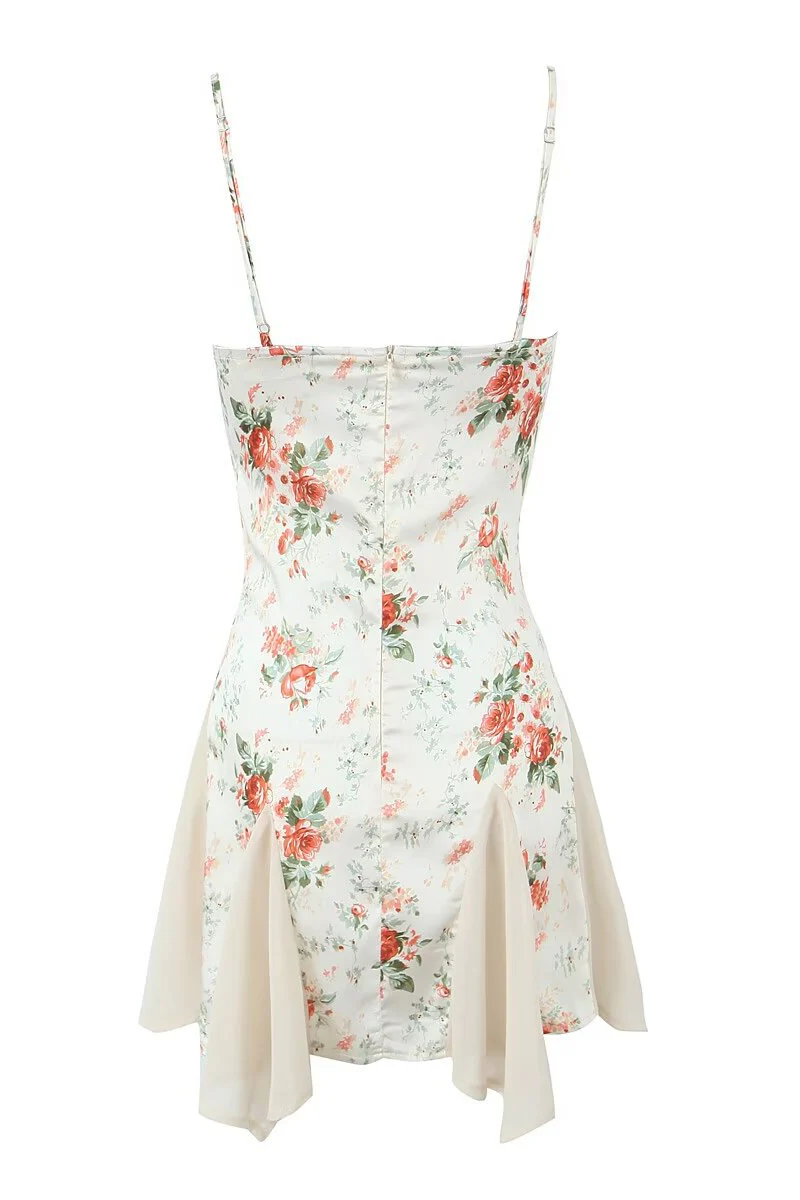 Spaghetti Straps White Floral Print Short Dress - Image 2