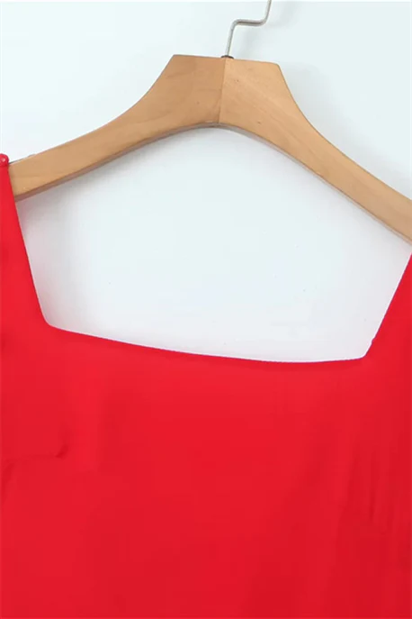 Square Collar Red Ruffle Long Dress with Slit - Image 3