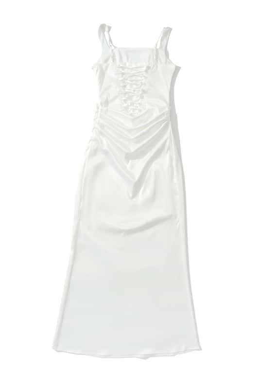 Square Neck Black Satin Ruched Long Dress - Image 3