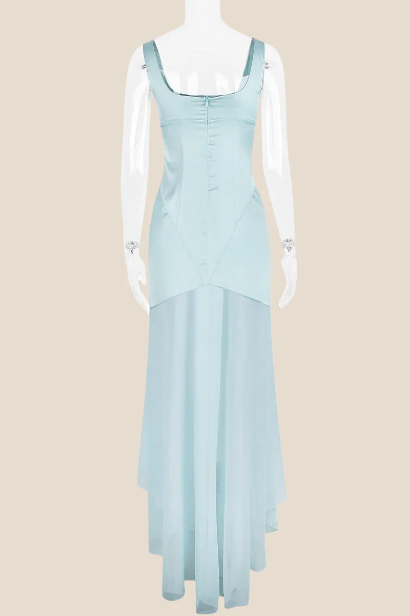Square Neck Blue Chiffon Spliced Long Dress - Image 2