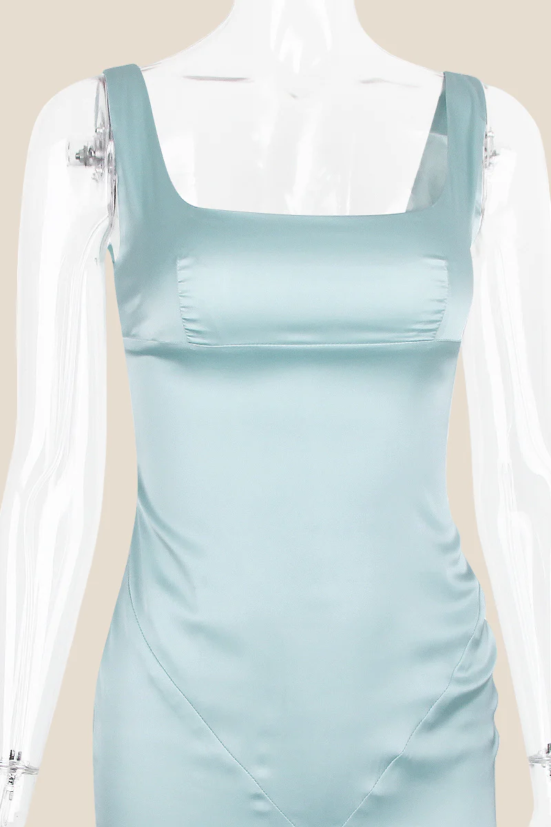 Square Neck Blue Chiffon Spliced Long Dress - Image 3